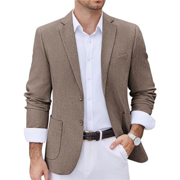 Men's Blazer Two Button Coats Lightweight Khaki - Picture 1 of 5